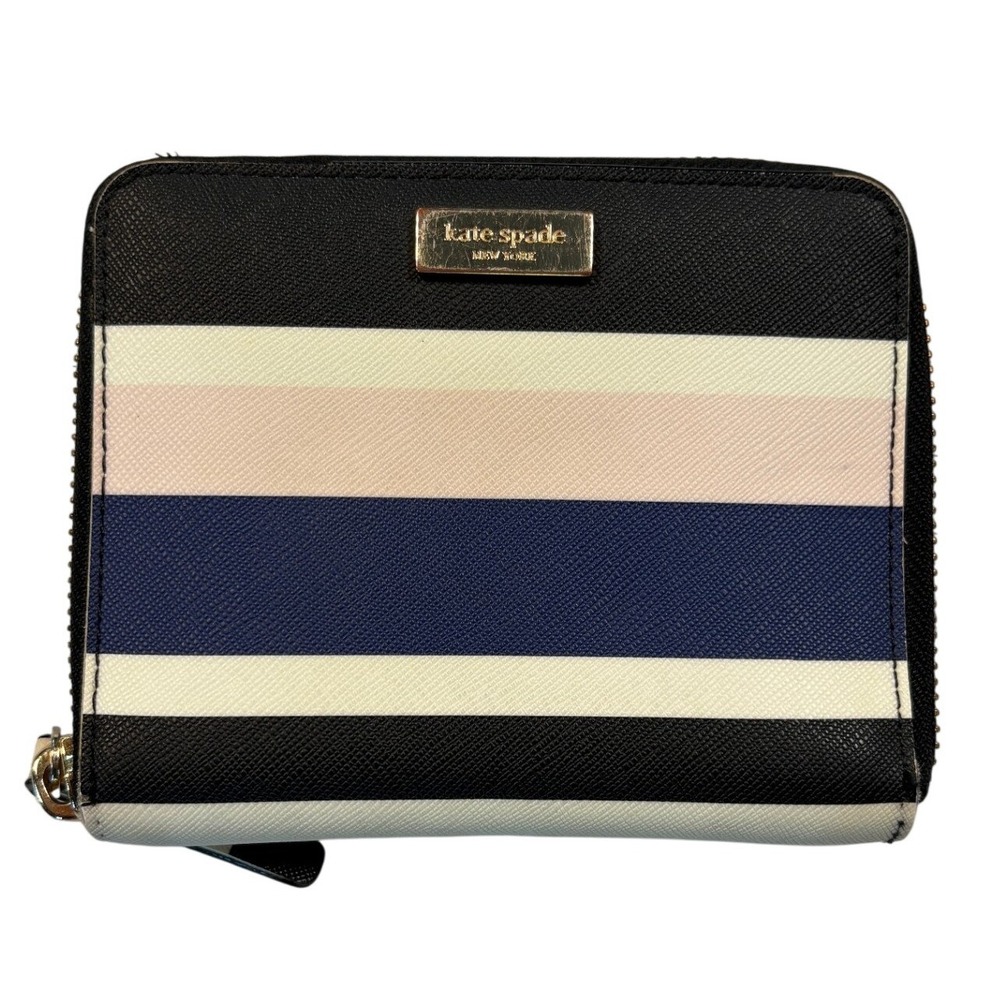 Kate Spade Striped Saffiano Leather Small Zip Around Wallet Black Pink Navy